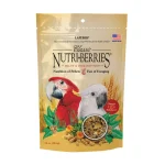 Bag of Classic Nutri-Berries parrot food for macaws and cockatoos, with a red macaw and white cockatoo on the front. More pellets shown in a bowl at the bottom.