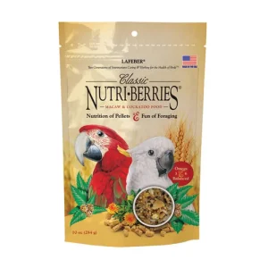 Bag of Classic Nutri-Berries parrot food for macaws and cockatoos, with a red macaw and white cockatoo on the front. More pellets shown in a bowl at the bottom.